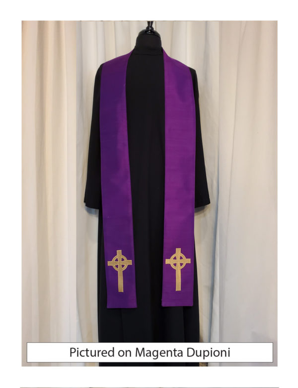 Purple Celtic Cross stole with an antique gold Celtic Cross on both sides of the stole near the hem on a magenta silk dupioni base.