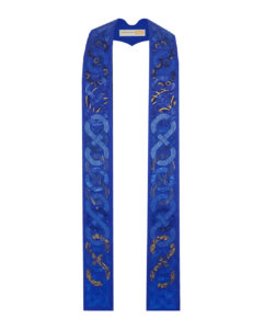 Blue Celtic knots on a blue silk background.