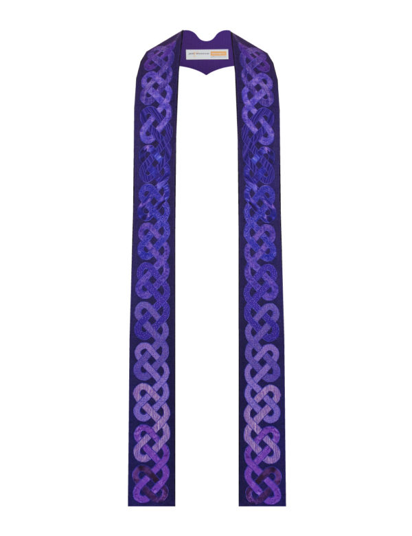 Purple Celtic knots on a purple silk background.