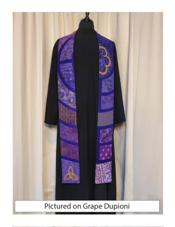 This stole is a slice through the center of a classic Chartres labyrinth showing segments of the path in a variety of purple cottons with gold accents.