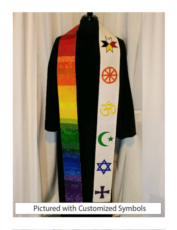 A Mi'kmaq, an orange Native American medicine wheel, yellow Om, green Muslim crescent and star, a blue Star of David and a purple Greek cross make a rainbow statement of solidarity and ecumenism.