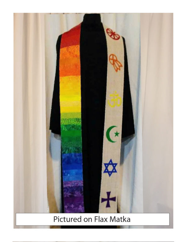 A red Buddhist wheel, an orange Native American medicine wheel, yellow Om, green Muslim crescent and star, a blue Star of David and a purple Greek cross make a rainbow statement of solidarity and ecumenism.